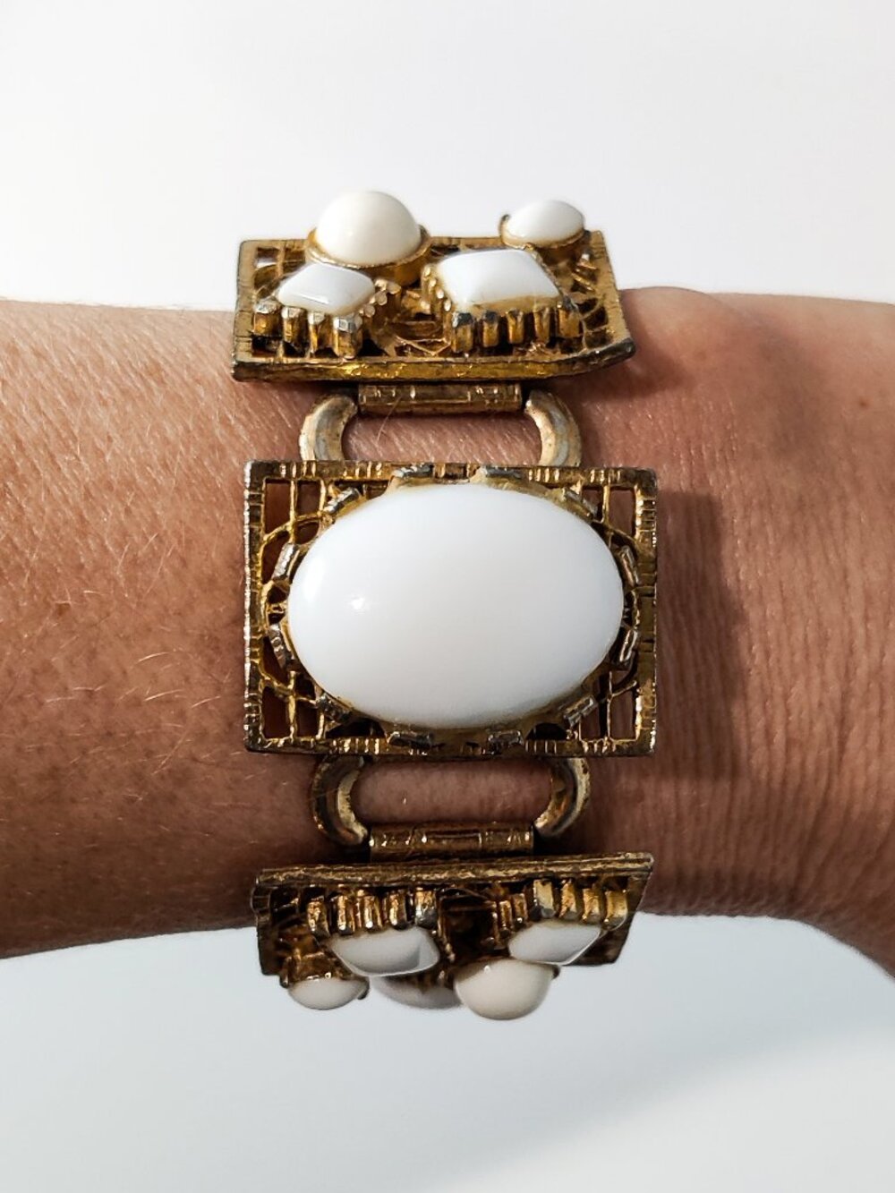 Vintage Victorian Revival Milk Glass Filigree Book Chain Bracelet